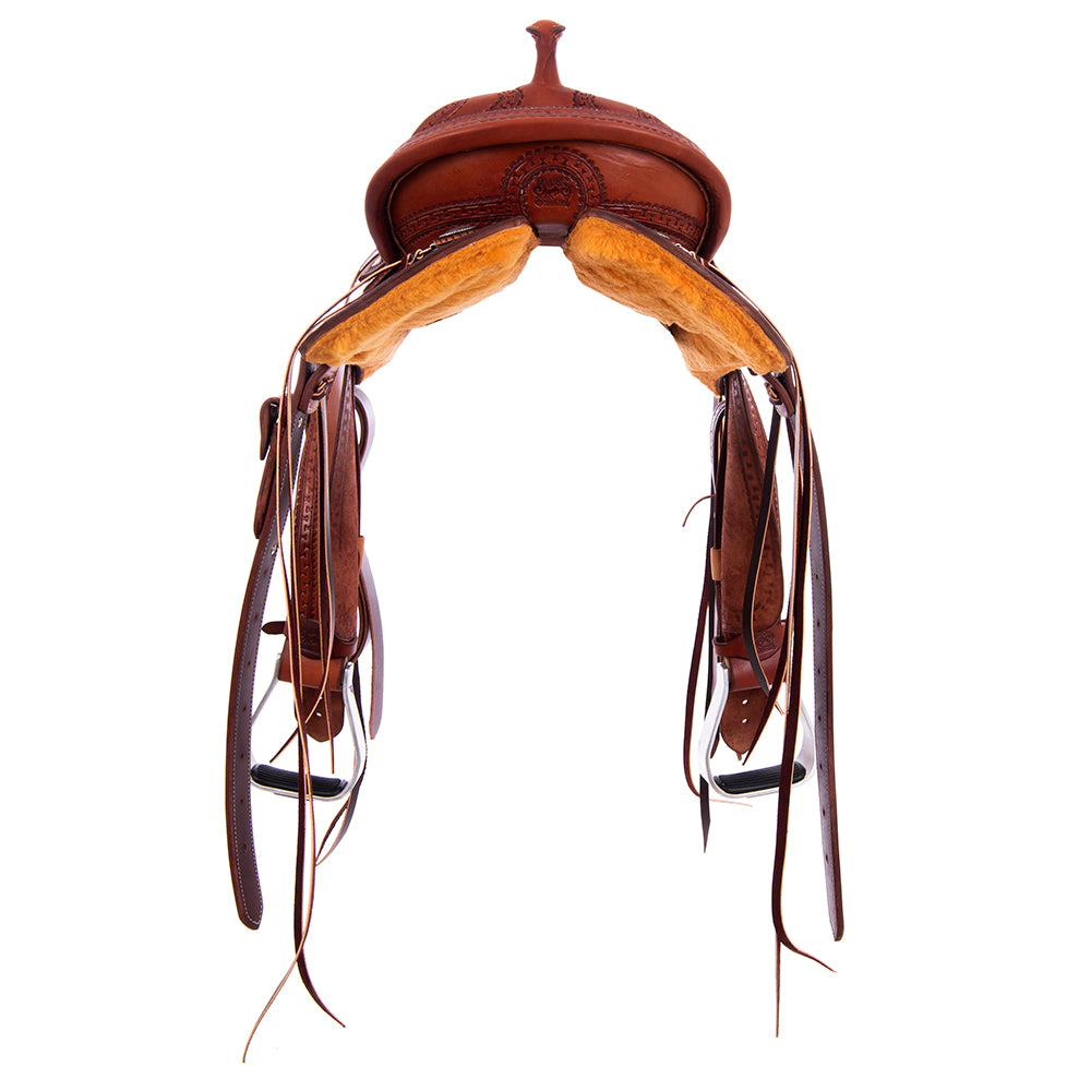 Smooth Chestnut Barrel Saddle - Round Skirt, Fancy San Carlos Border, Black Elephant Inlay