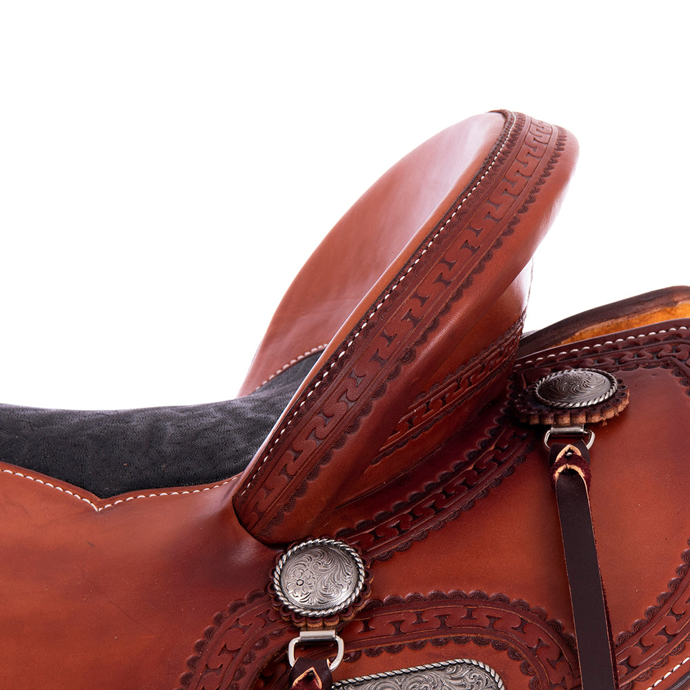 Smooth Chestnut Barrel Saddle - Round Skirt, Fancy San Carlos Border, Black Elephant Inlay