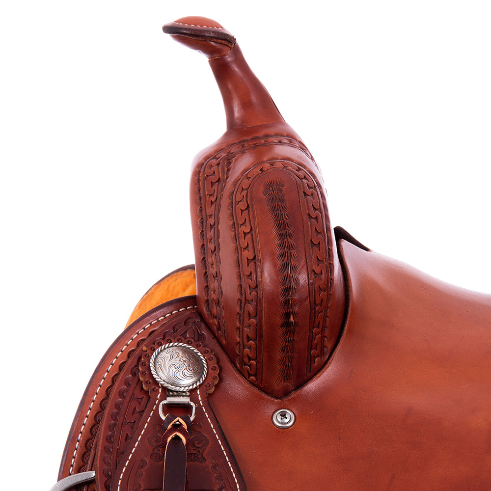 Smooth Chestnut Barrel Saddle - Round Skirt, Fancy San Carlos Border, Black Elephant Inlay