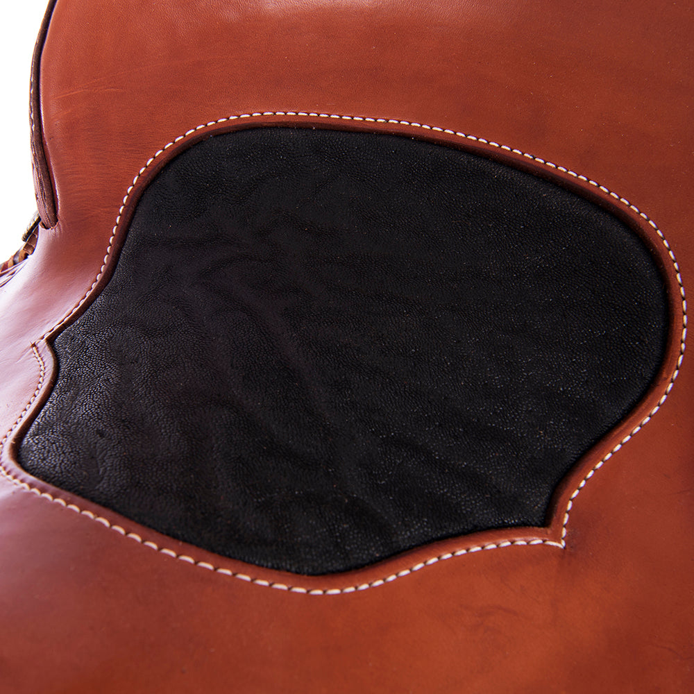 Smooth Chestnut Barrel Saddle - Round Skirt, Fancy San Carlos Border, Black Elephant Inlay