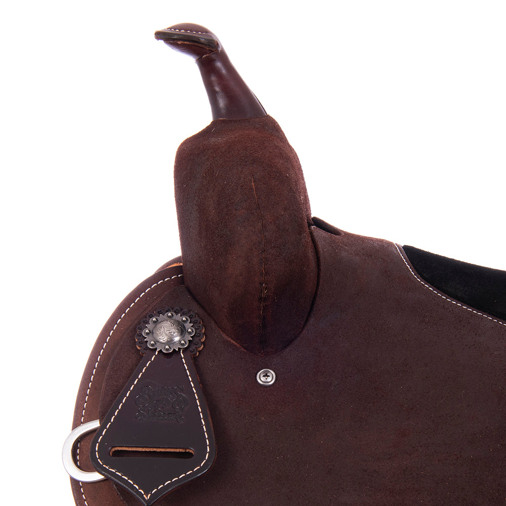Burns Chocolate RO Barrel Saddle - Round - No Tooling - Black Flat Leather Inlay