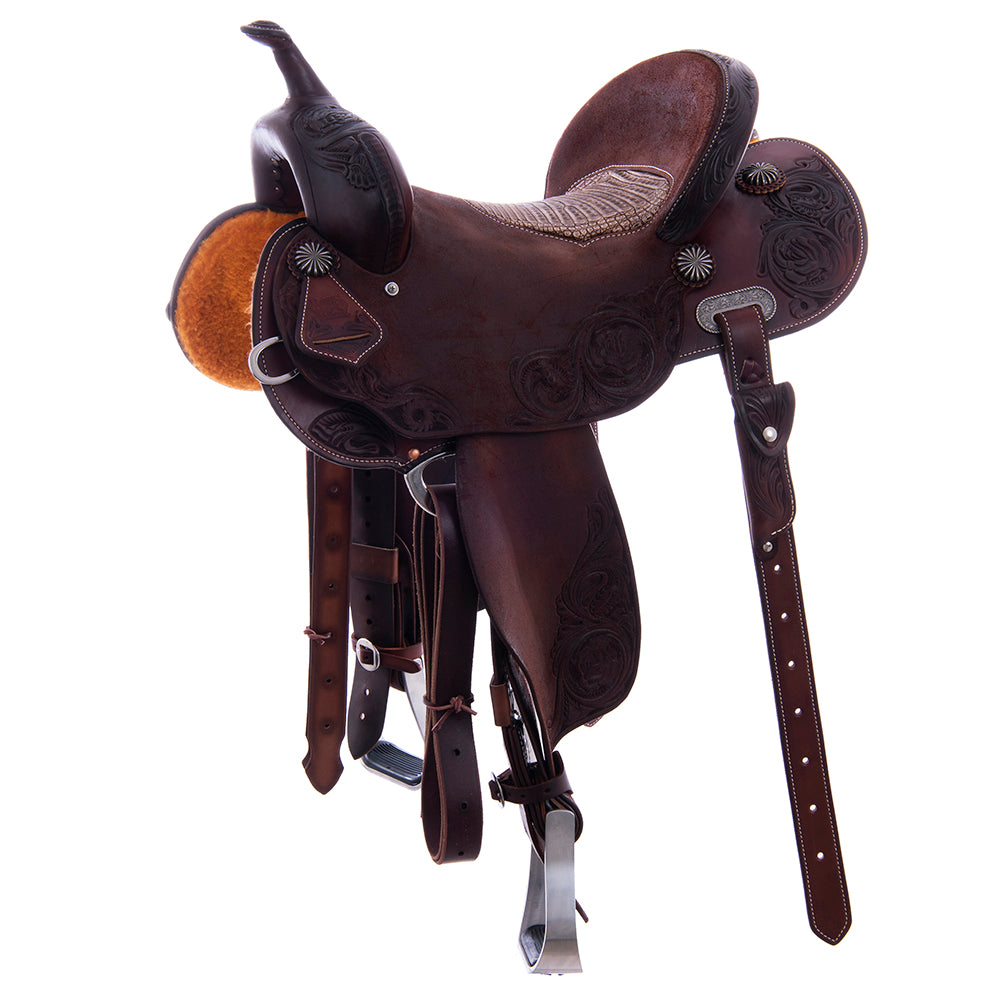 Burns Chocolate SO/RO Barrel Saddle - Round - Sunflower Floral Corner - Peanut Sundance Caiman Inlay