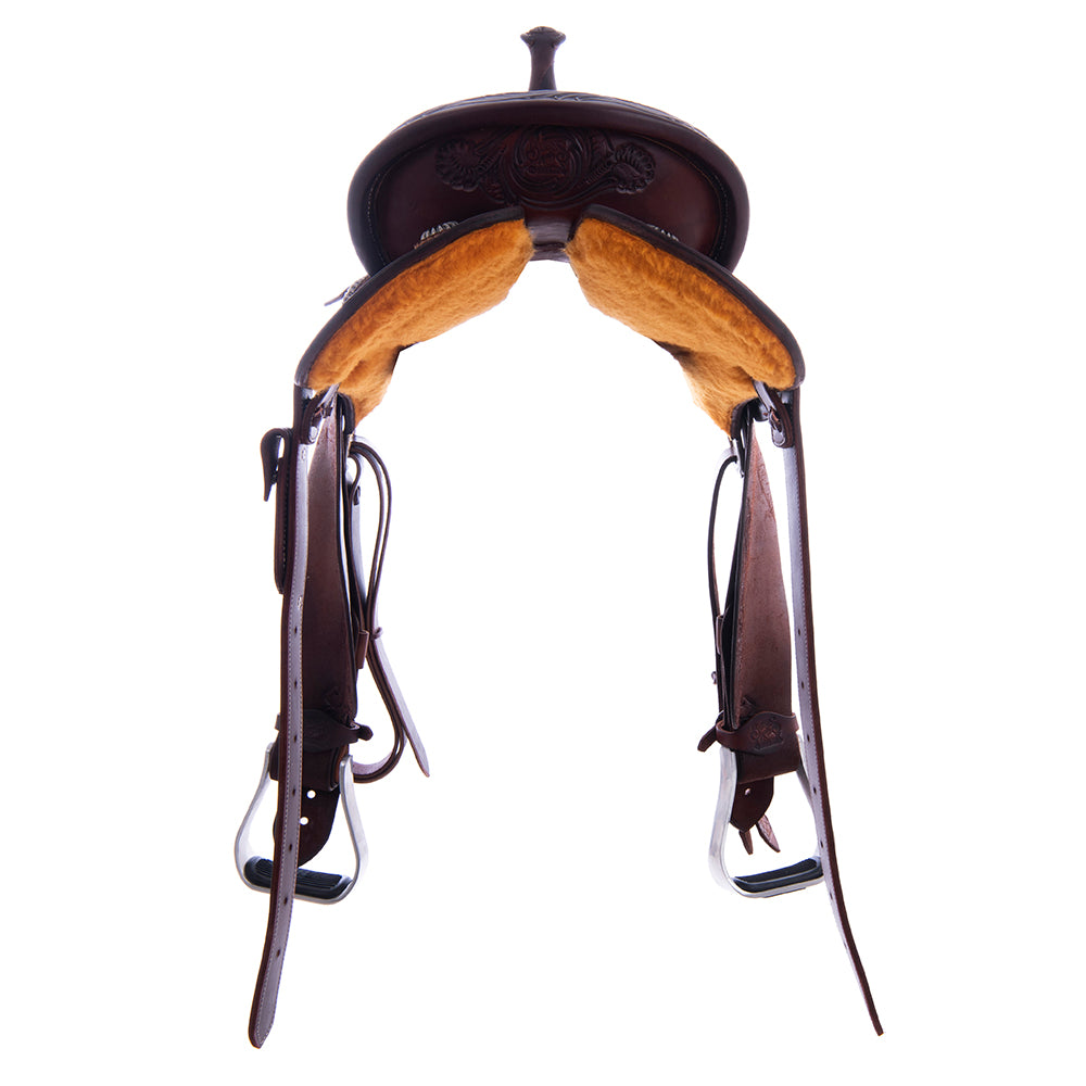 Burns Chocolate SO/RO Barrel Saddle - Round - Sunflower Floral Corner - Peanut Sundance Caiman Inlay