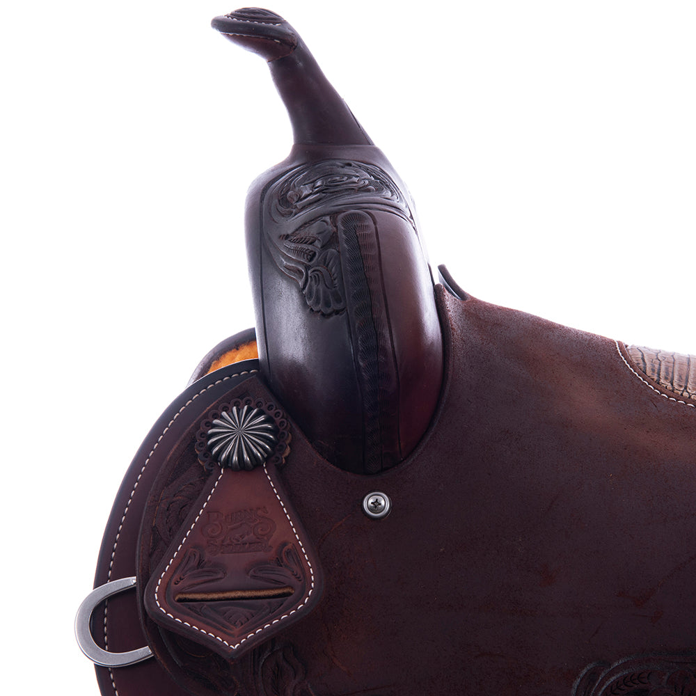 Burns Chocolate SO/RO Barrel Saddle - Round - Sunflower Floral Corner - Peanut Sundance Caiman Inlay