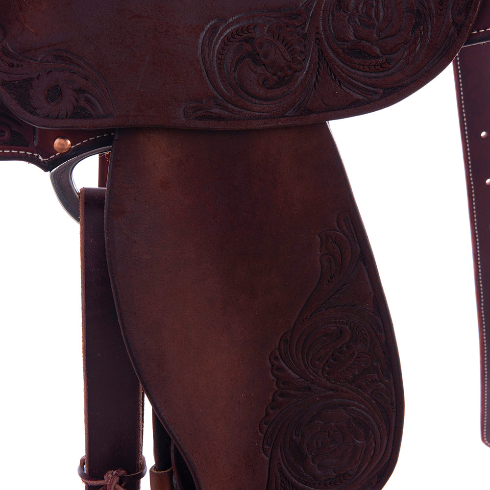 Burns Chocolate SO/RO Barrel Saddle - Round - Sunflower Floral Corner - Peanut Sundance Caiman Inlay