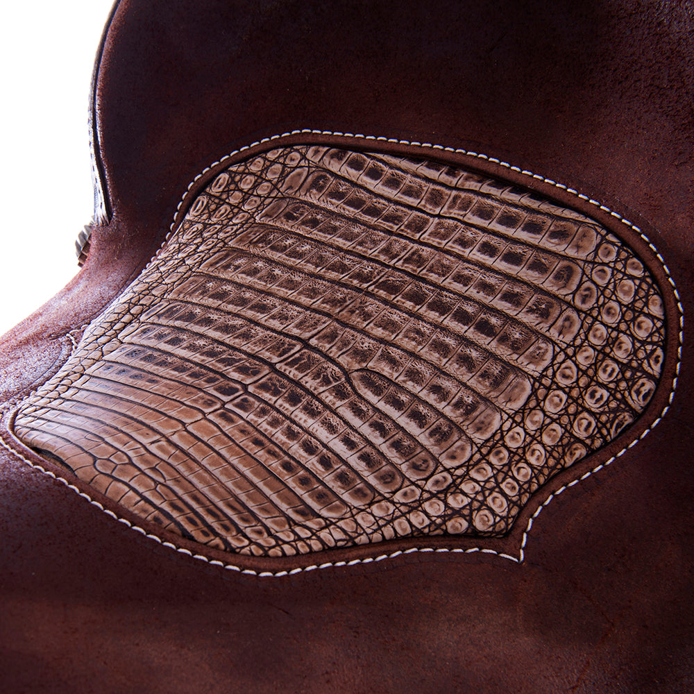 Burns Chocolate SO/RO Barrel Saddle - Round - Sunflower Floral Corner - Peanut Sundance Caiman Inlay