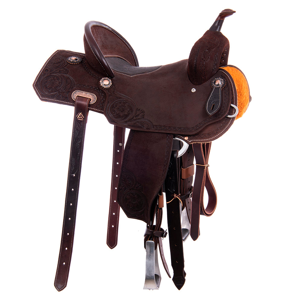 Barrel Saddle – Chocolate Roughout, Notched Skirt, Sunny D Floral Corner with Diamond & Half Diamond Tooling, Standard