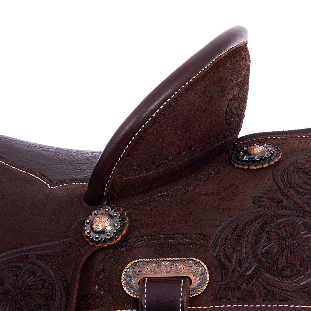 Barrel Saddle – Chocolate Roughout, Notched Skirt, Sunny D Floral Corner with Diamond & Half Diamond Tooling, Standard