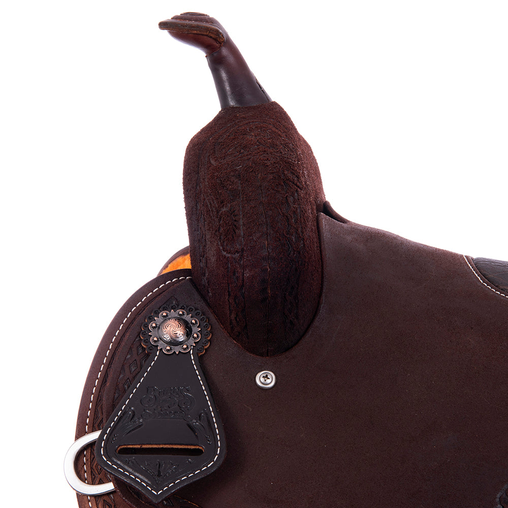 Barrel Saddle – Chocolate Roughout, Notched Skirt, Sunny D Floral Corner with Diamond & Half Diamond Tooling, Standard