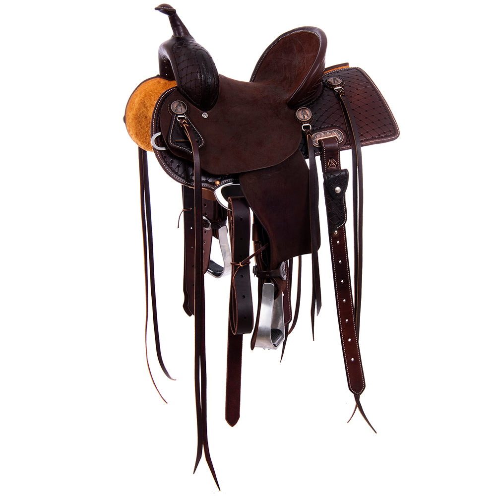Barrel Saddle – Chocolate Leather, Smooth/Roughout, Semi-Square Skirt, 1/2 Old World & 1/2 Camo Border, Pencil Roll Cantle, Strings