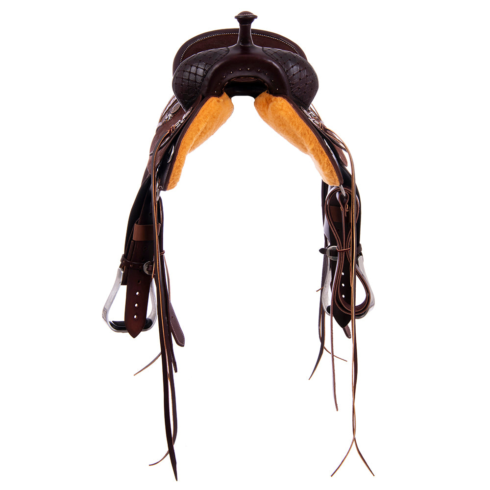 Barrel Saddle – Chocolate Leather, Smooth/Roughout, Semi-Square Skirt, 1/2 Old World & 1/2 Camo Border, Pencil Roll Cantle, Strings