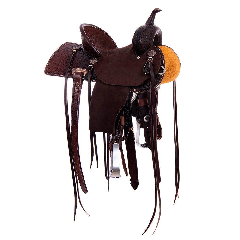 Barrel Saddle – Chocolate Leather, Smooth/Roughout, Semi-Square Skirt, 1/2 Old World & 1/2 Camo Border, Pencil Roll Cantle, Strings