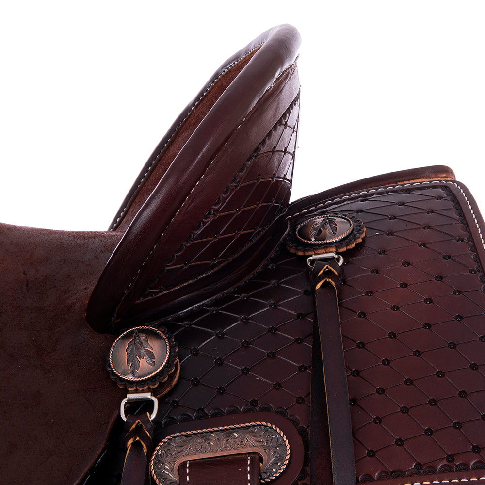 Barrel Saddle – Chocolate Leather, Smooth/Roughout, Semi-Square Skirt, 1/2 Old World & 1/2 Camo Border, Pencil Roll Cantle, Strings
