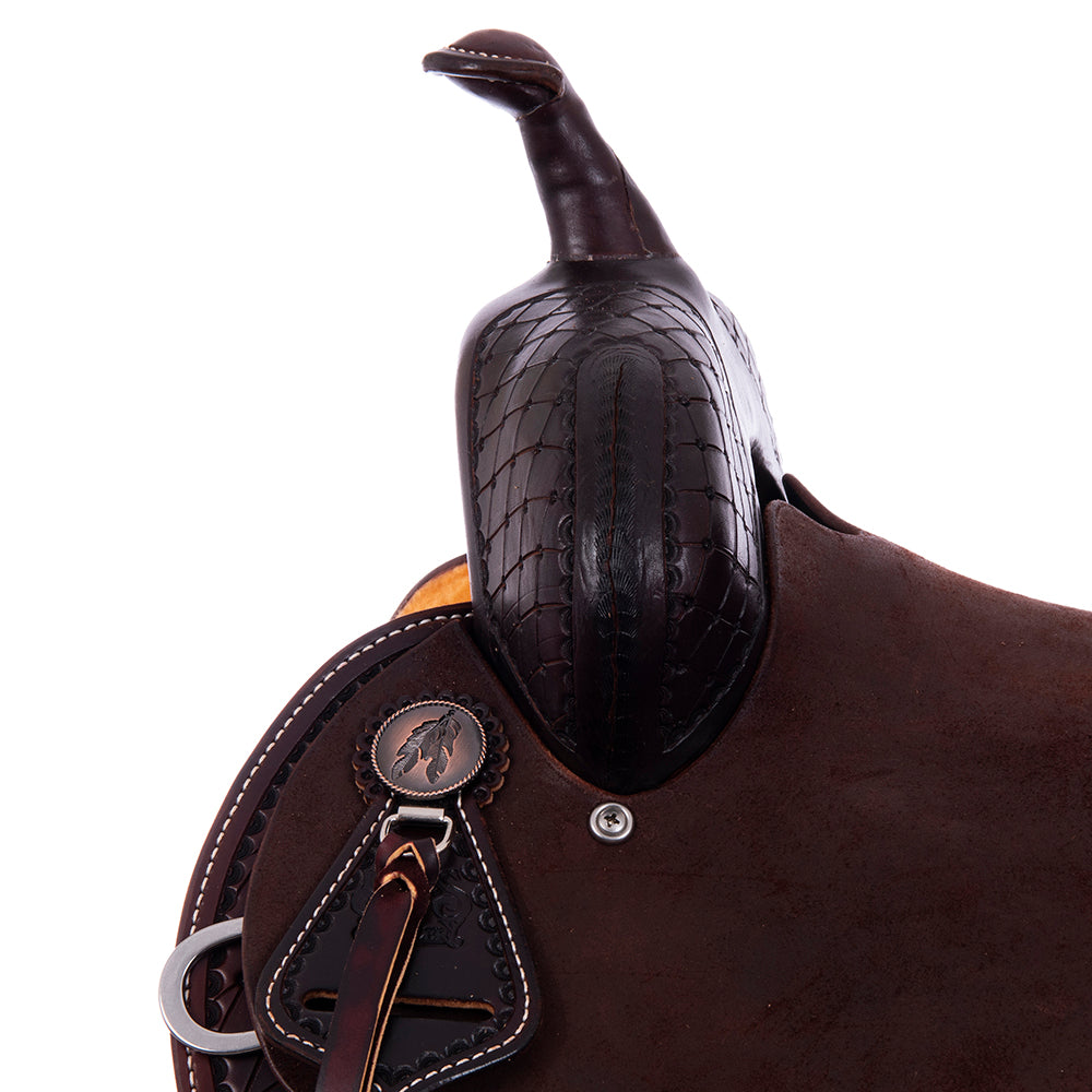 Barrel Saddle – Chocolate Leather, Smooth/Roughout, Semi-Square Skirt, 1/2 Old World & 1/2 Camo Border, Pencil Roll Cantle, Strings