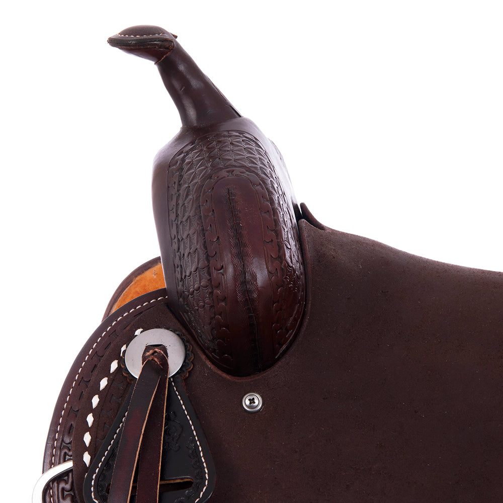 7/8 Chocolate Smooth 1/8 Roughout Barrel Saddle- Notched 7/8 Diamond Waffle Tooling and White Buckstitch, Cheyenne