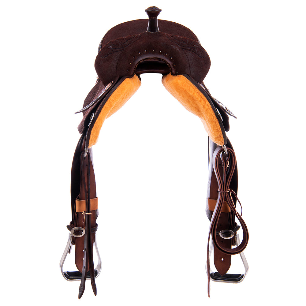 Barrel Saddle – Chocolate Roughout, Notched Skirt, D. Daisy Floral Corner Tooling