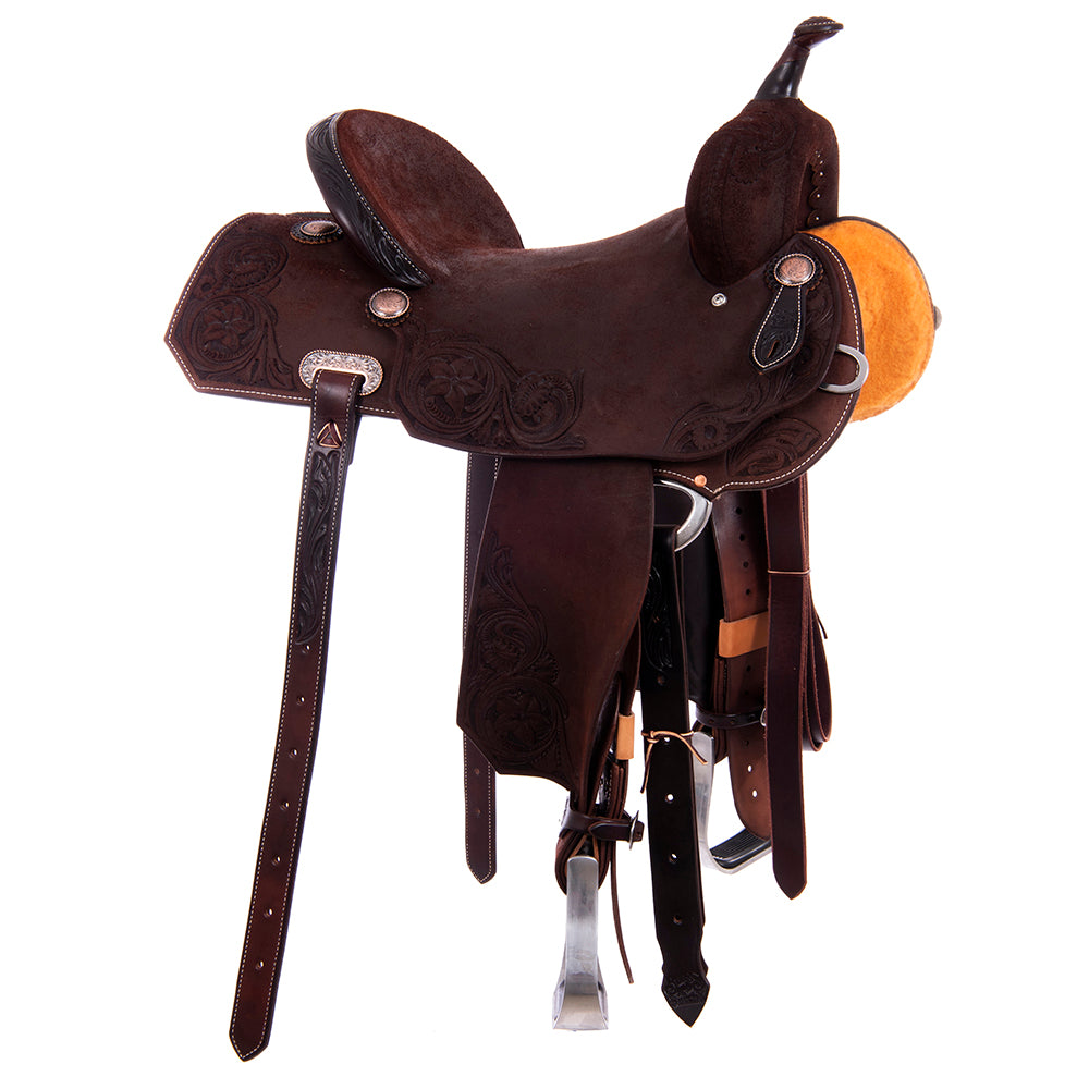 Barrel Saddle – Chocolate Roughout, Notched Skirt, D. Daisy Floral Corner Tooling