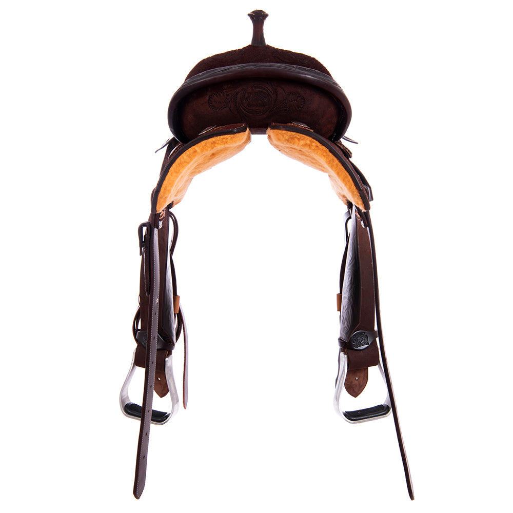 Barrel Saddle – Chocolate Roughout, Notched Skirt, D. Daisy Floral Corner Tooling