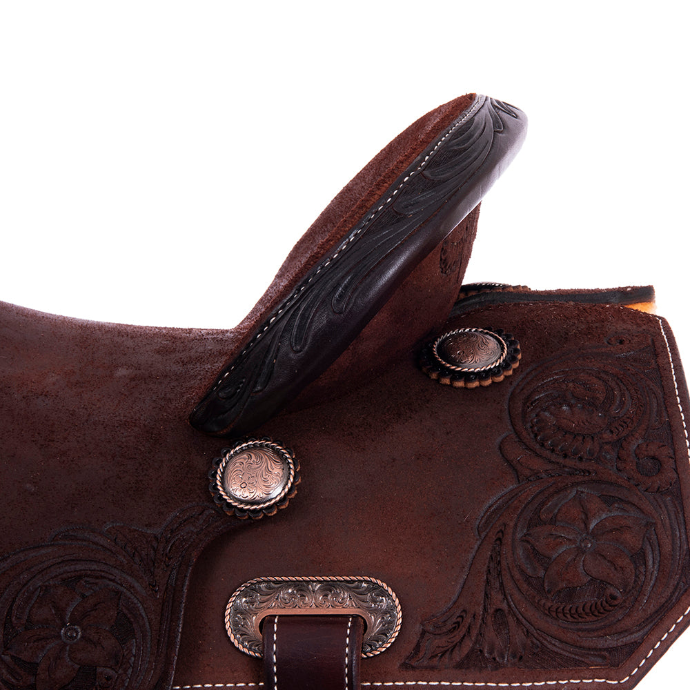 Barrel Saddle – Chocolate Roughout, Notched Skirt, D. Daisy Floral Corner Tooling
