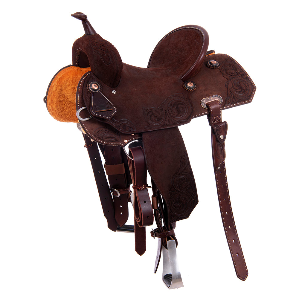 Burns Chocolate RO Barrel Saddle - Notched - Leaf Floral Corner - Standard Binding