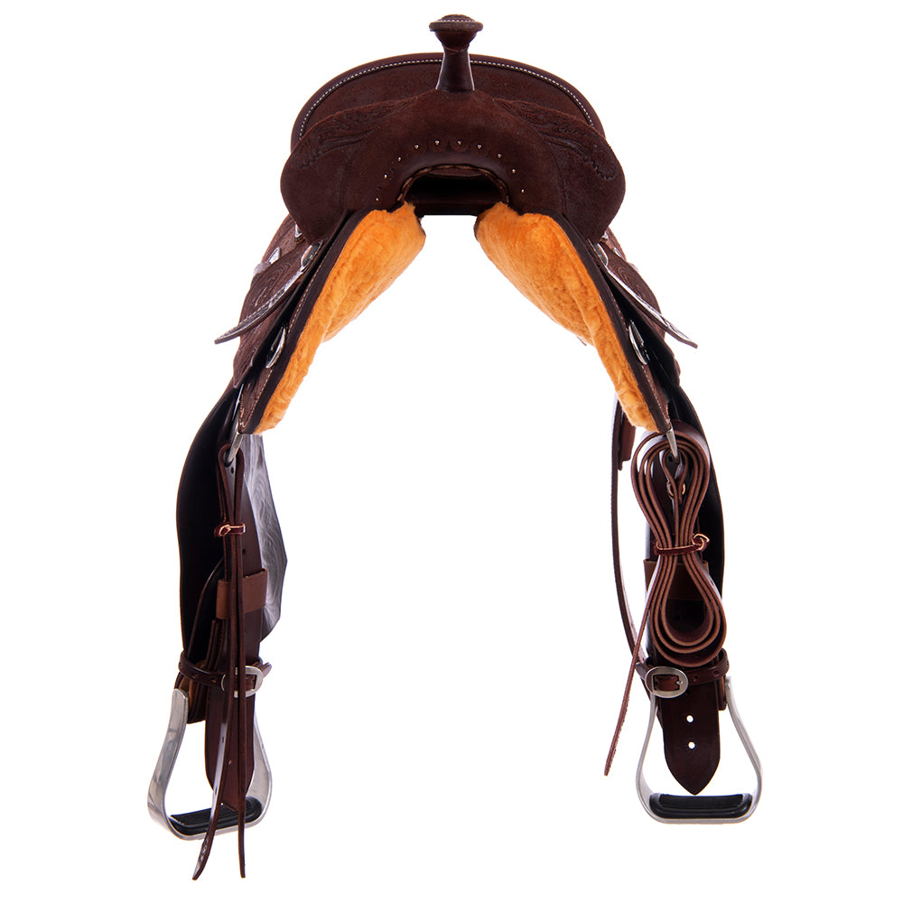 Burns Chocolate RO Barrel Saddle - Notched - Leaf Floral Corner - Standard Binding