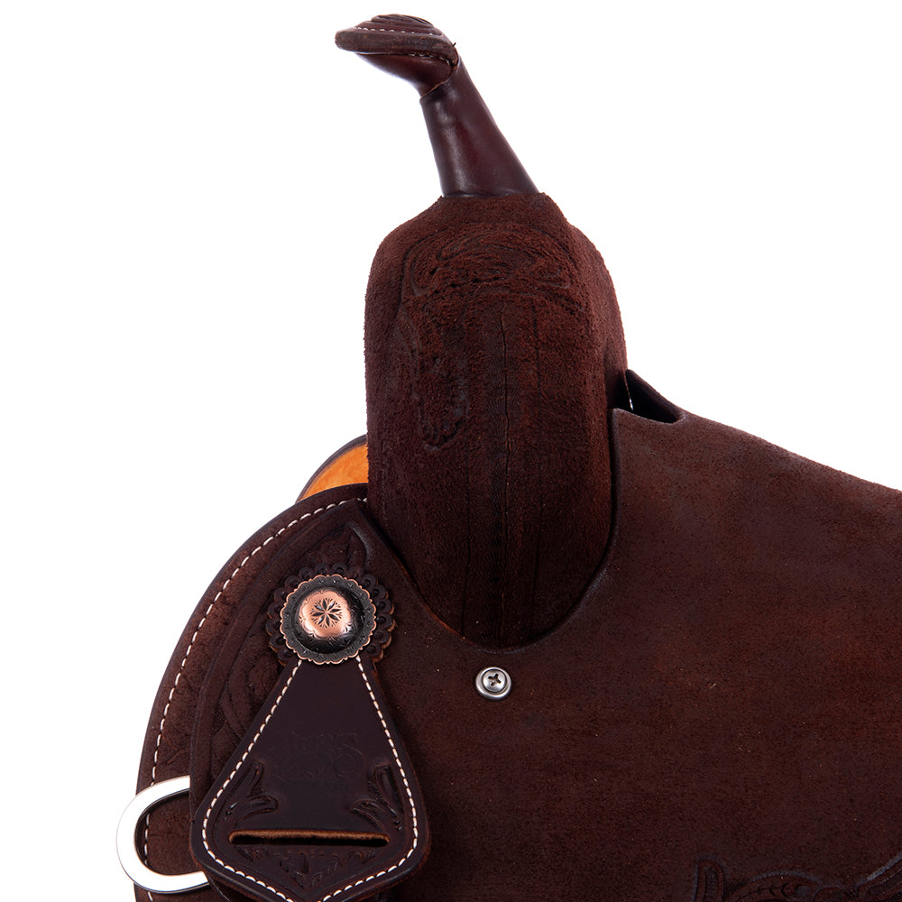 Burns Chocolate RO Barrel Saddle - Notched - Leaf Floral Corner - Standard Binding