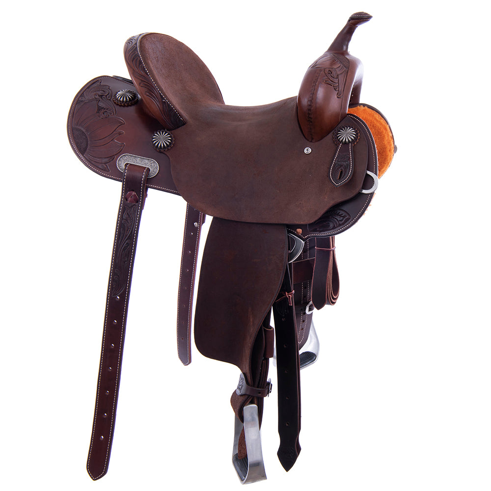 Chocolate 1/2 Smooth 1/2 Roughout Barrel Saddle - Round Skirts, 1/2 Sunny Daze Floral Corner, Cheyenne