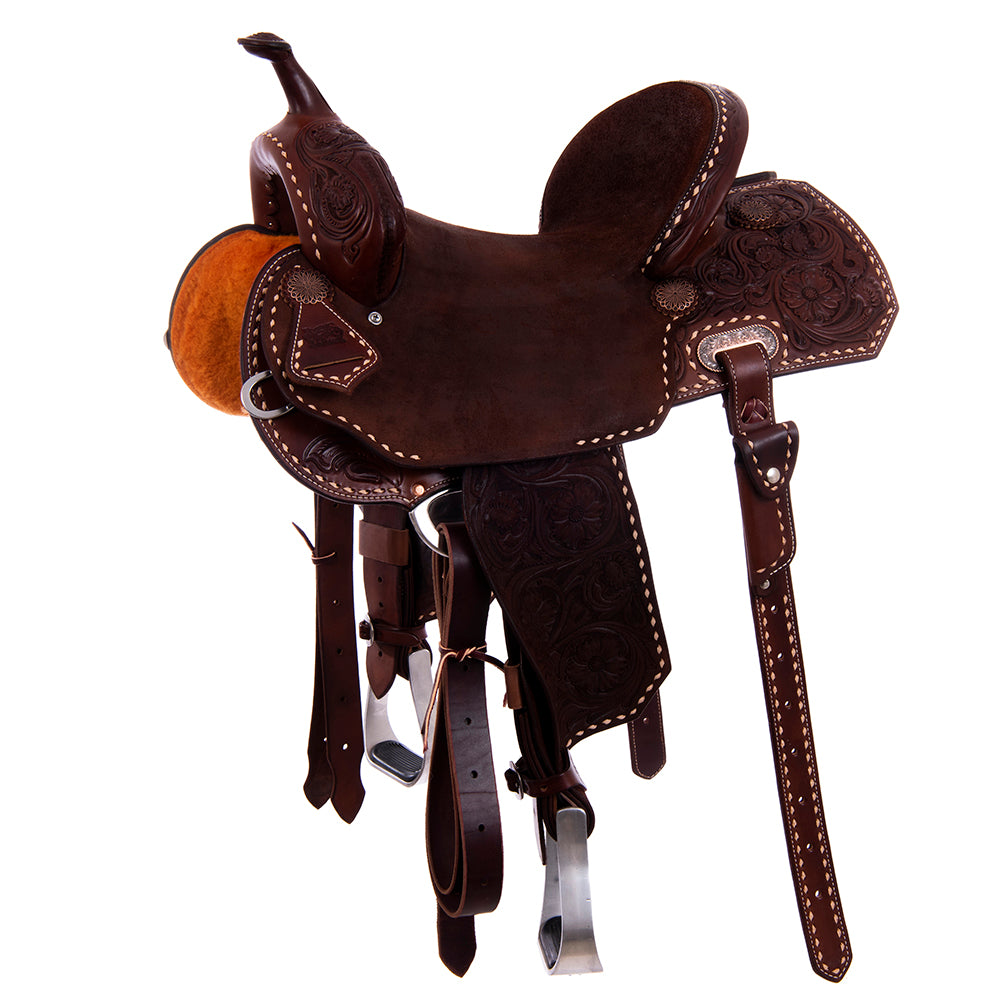 1/2 Smooth Chocolate 1/2 Chocolate Roughout Barrel Saddle- Notched 7/8 MW Floral with Natural Buckstitch