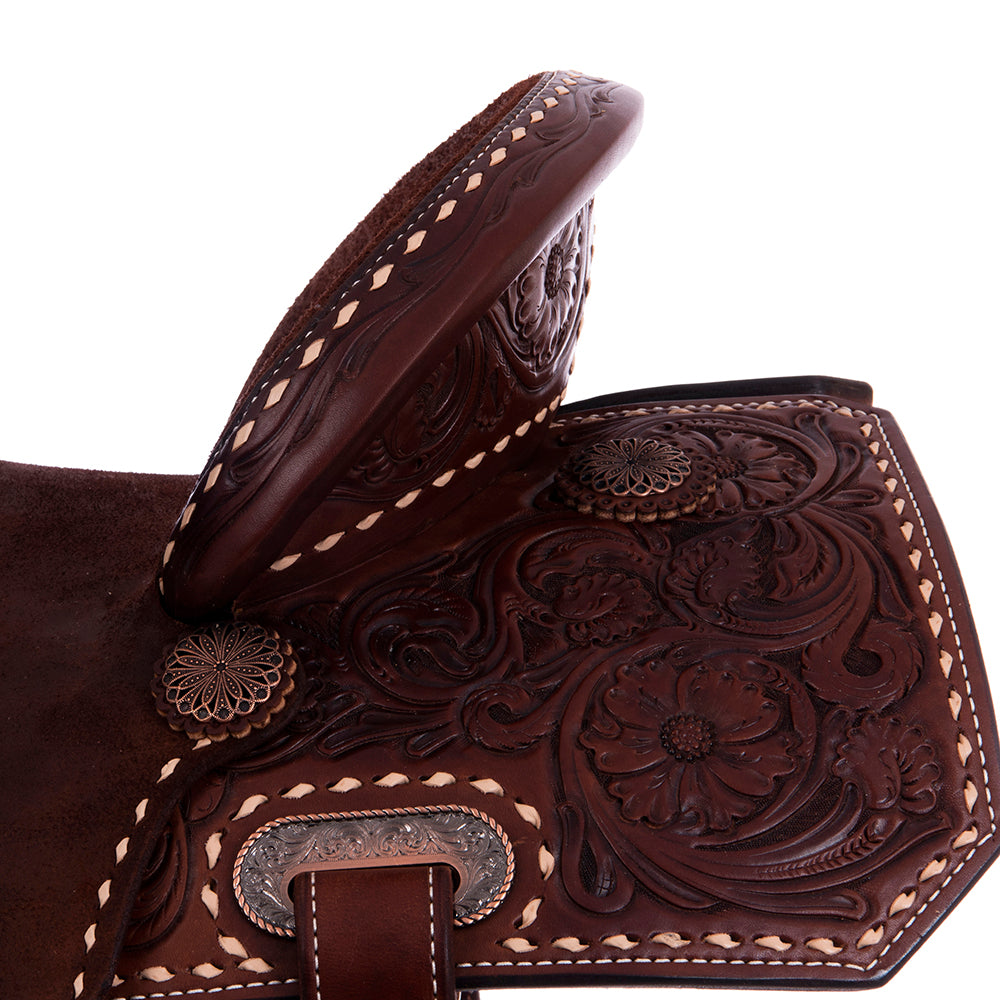 1/2 Smooth Chocolate 1/2 Chocolate Roughout Barrel Saddle- Notched 7/8 MW Floral with Natural Buckstitch