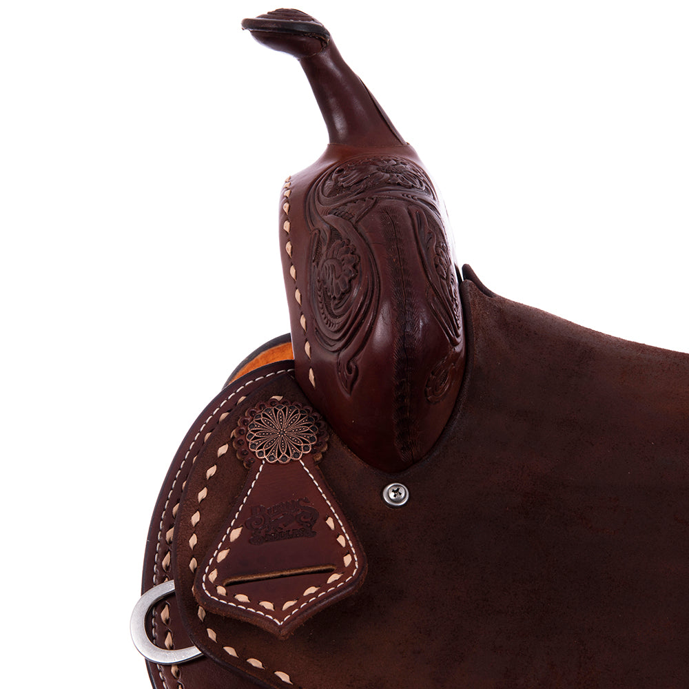 1/2 Smooth Chocolate 1/2 Chocolate Roughout Barrel Saddle- Notched 7/8 MW Floral with Natural Buckstitch
