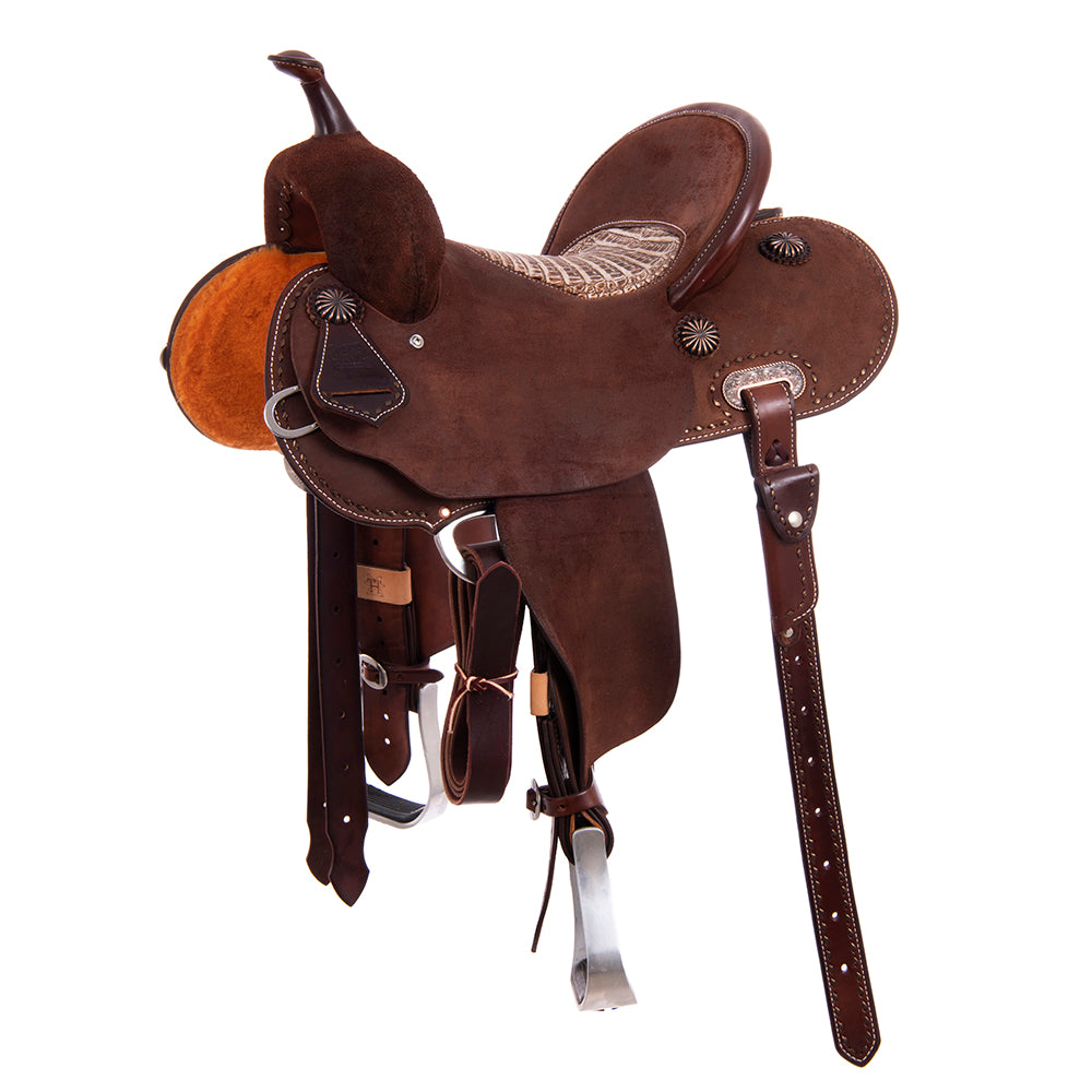 Burns Chocolate RO Barrel Saddle - Round - Binding, Billets, Skirts Bronze Buckstitch - Sundance Pea