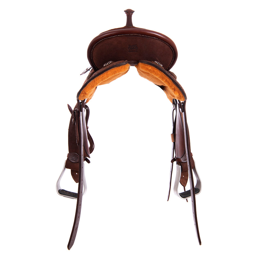 Burns Chocolate RO Barrel Saddle - Round - Binding, Billets, Skirts Bronze Buckstitch - Sundance Pea