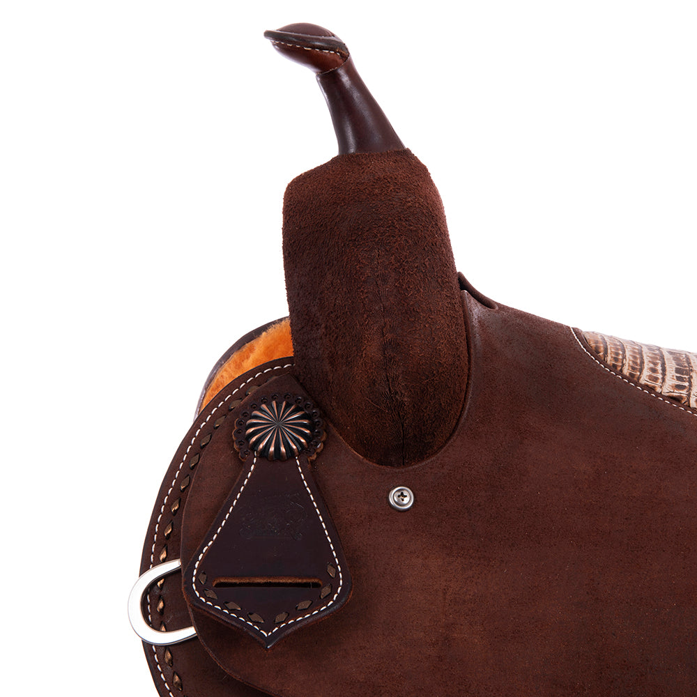Burns Chocolate RO Barrel Saddle - Round - Binding, Billets, Skirts Bronze Buckstitch - Sundance Pea