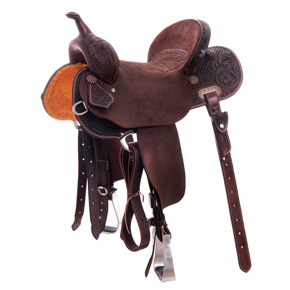 Burns Chocolate SO/RO Barrel Saddle - Round - 1/2 MW Flower - Peat Elephant Inlay