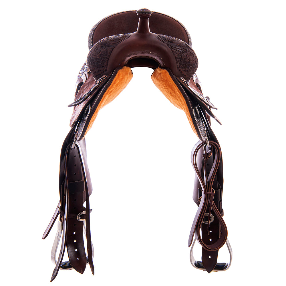 Burns Chocolate SO/RO Barrel Saddle - Round - 1/2 MW Flower - Peat Elephant Inlay