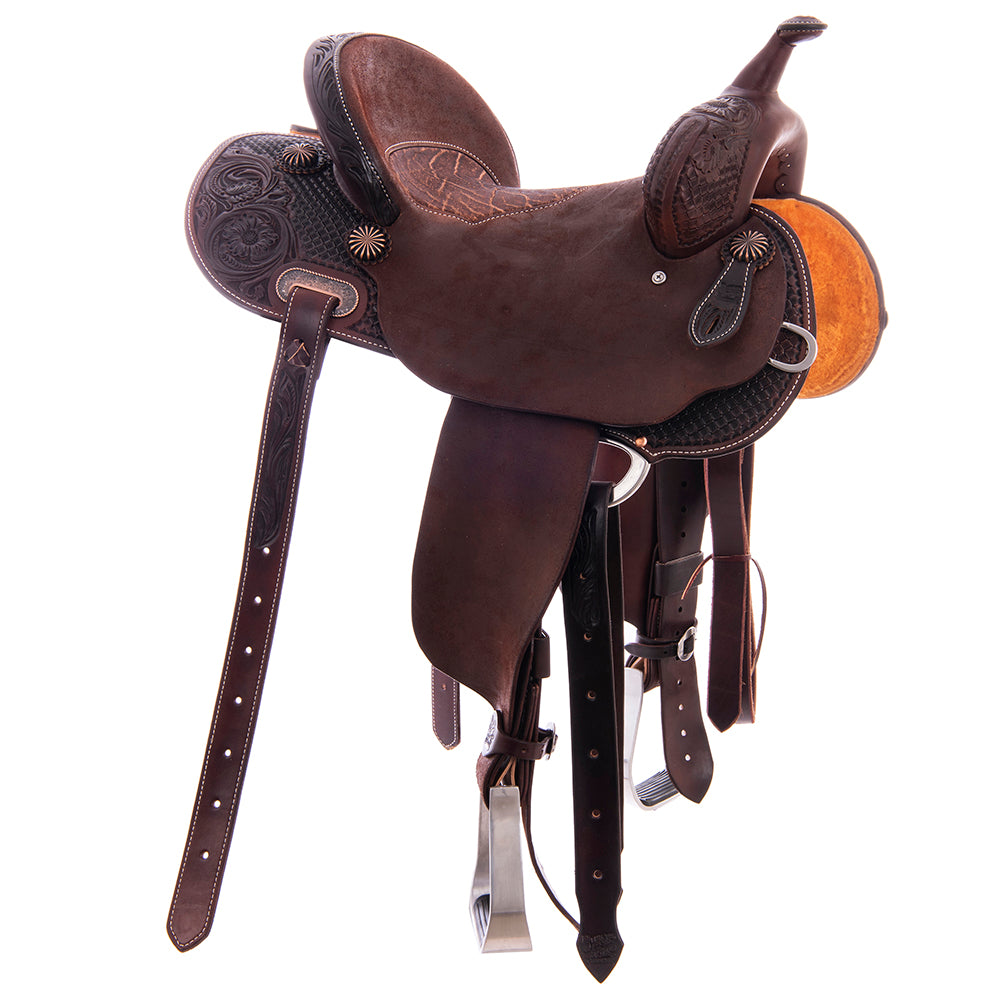 Burns Chocolate SO/RO Barrel Saddle - Round - 1/2 MW Flower - Peat Elephant Inlay