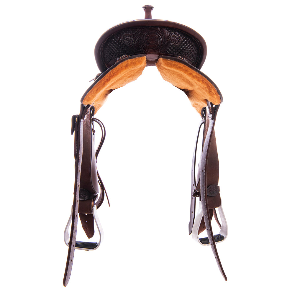 Burns Chocolate SO/RO Barrel Saddle - Round - 1/2 MW Flower - Peat Elephant Inlay