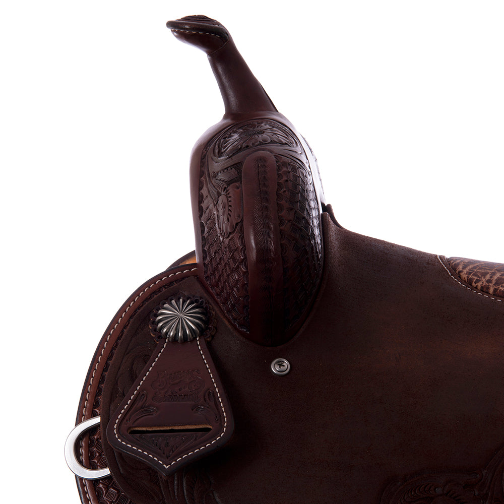 Burns Chocolate SO/RO Barrel Saddle - Round - 1/2 MW Flower - Peat Elephant Inlay