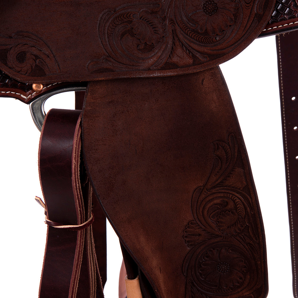 Burns Chocolate SO/RO Barrel Saddle - Round - 1/2 MW Flower - Peat Elephant Inlay
