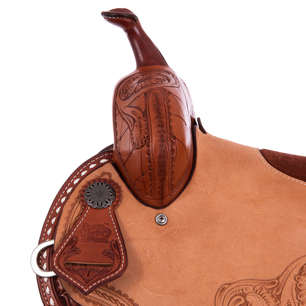 Barrel Saddle - Chestnut Leather, Smooth/Roughout, 1/2 Quilt MW Flower Tooling, Rust Suede Inlay