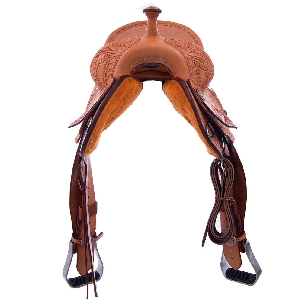 Burns Russet SO/RO Barrel Saddle - Round - Deeter Deluxe w/ Sunflower - Standard Binding - Navy Ostr