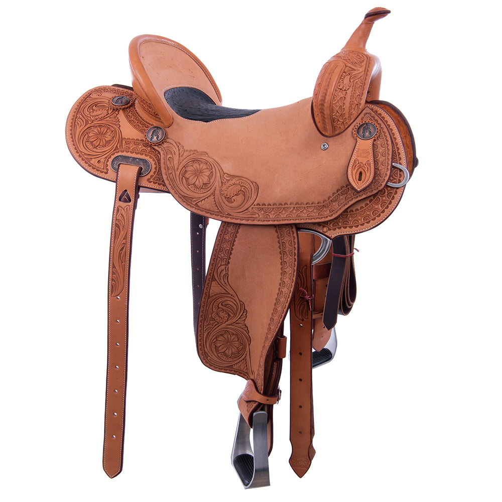 Burns Russet SO/RO Barrel Saddle - Round - Deeter Deluxe w/ Sunflower - Standard Binding - Navy Ostr