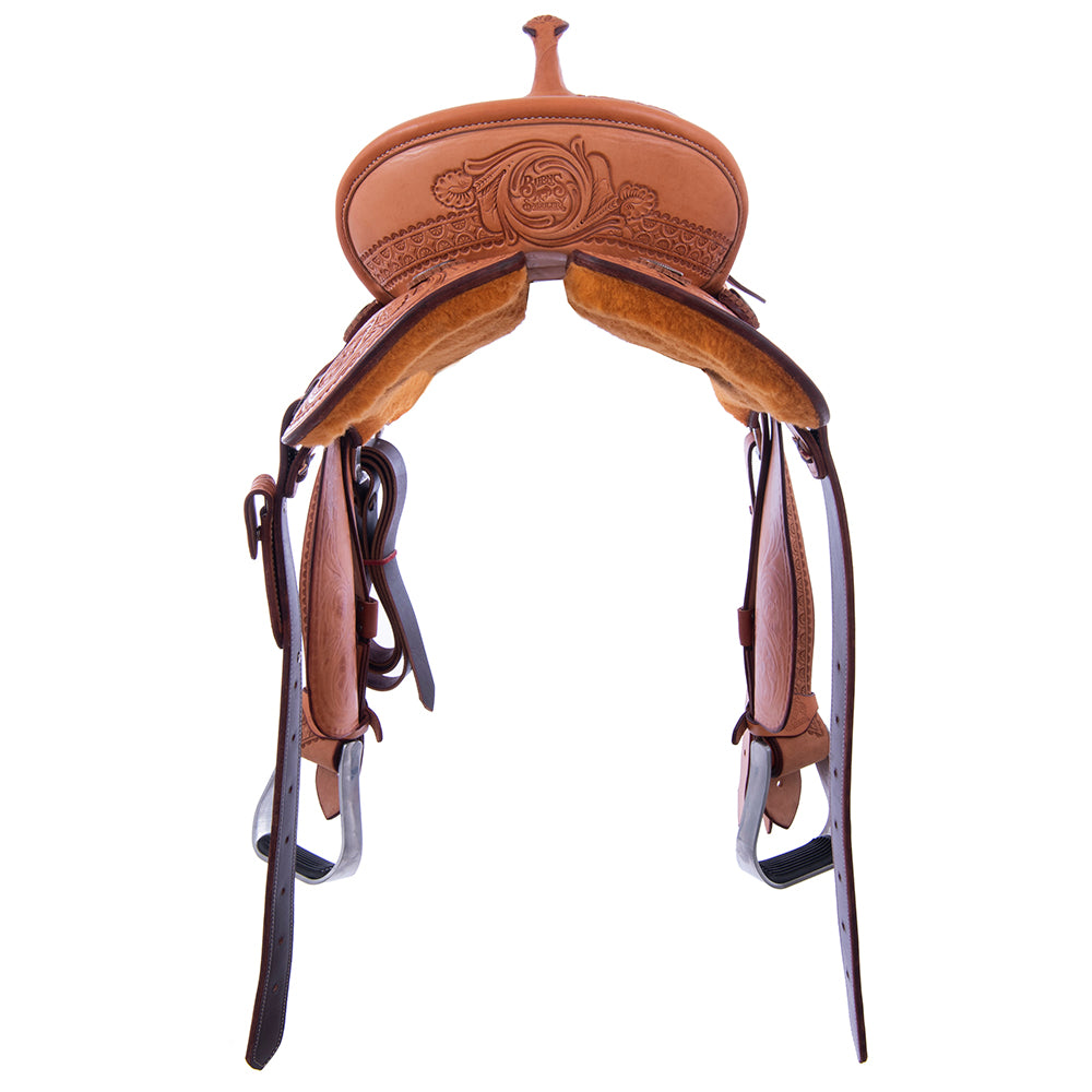 Burns Russet SO/RO Barrel Saddle - Round - Deeter Deluxe w/ Sunflower - Standard Binding - Navy Ostr