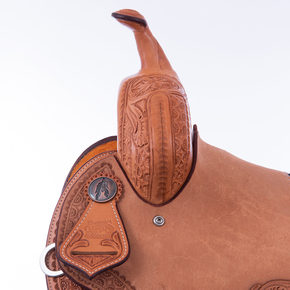 Burns Russet SO/RO Barrel Saddle - Round - Deeter Deluxe w/ Sunflower - Standard Binding - Navy Ostr