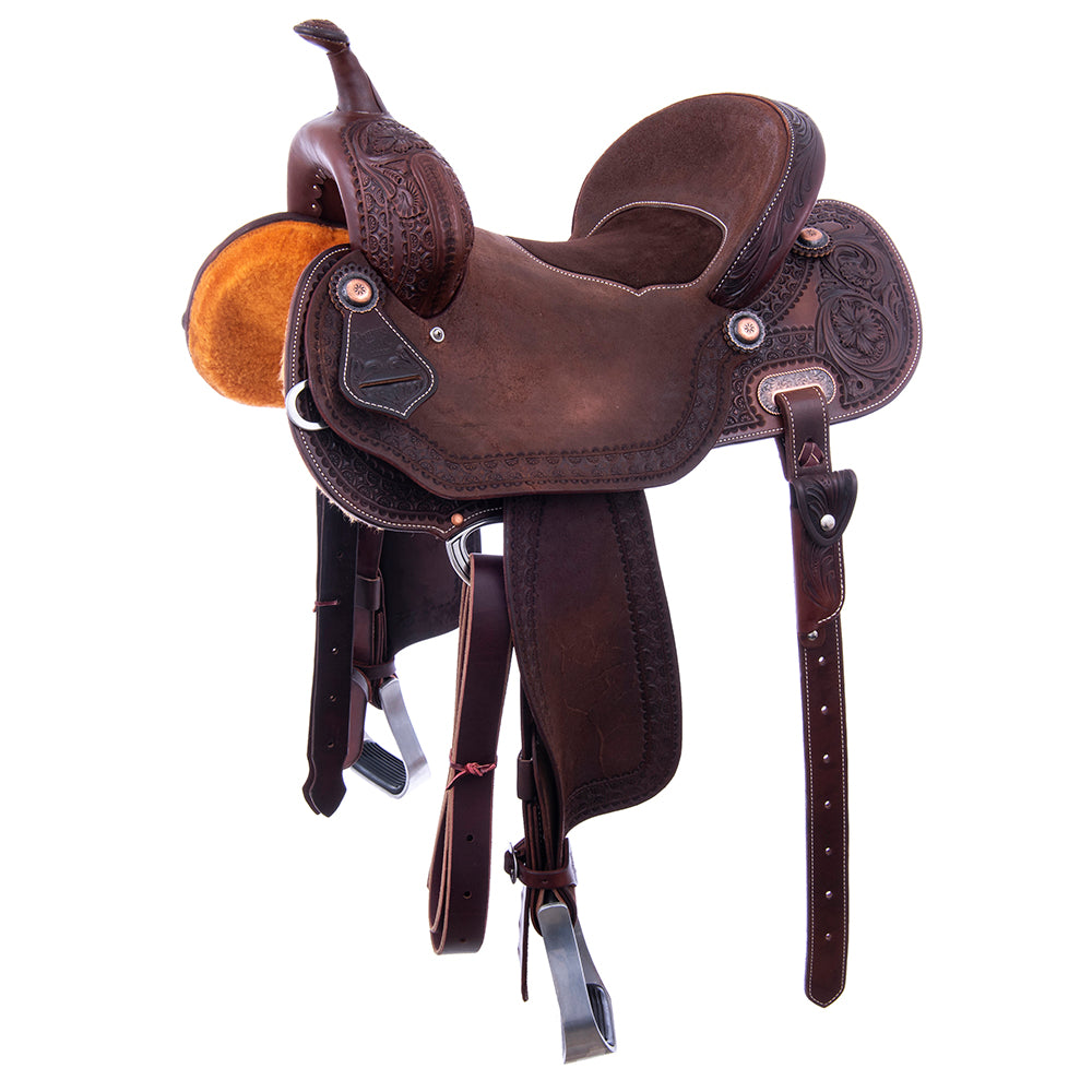 Burns Chocolate SO/RO Barrel Saddle - Round - 1/2 WYO Floral Corner; Deeter Border - Chocolate Inlay
