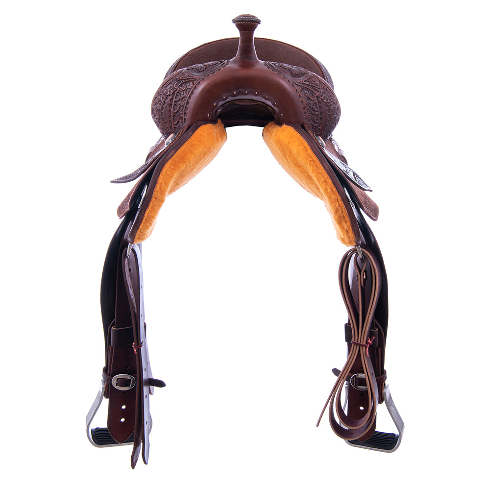 Burns Chocolate SO/RO Barrel Saddle - Round - 1/2 WYO Floral Corner; Deeter Border - Chocolate Inlay