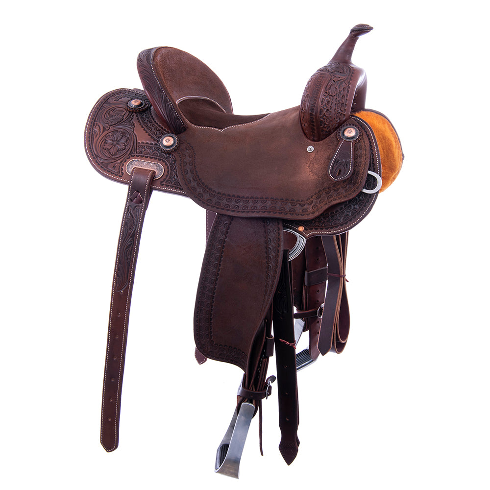 Barrel Saddle - Chocolate Leather, Smooth/Roughout, Round Skirt, 1/2 WYO Floral Corner, Deeter Border, Chocolate Inlay