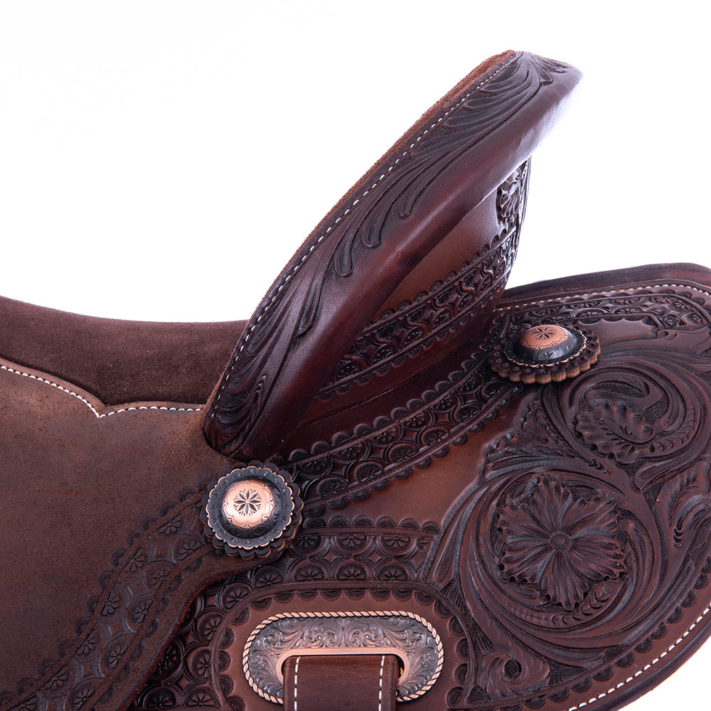 Burns Chocolate SO/RO Barrel Saddle - Round - 1/2 WYO Floral Corner; Deeter Border - Chocolate Inlay