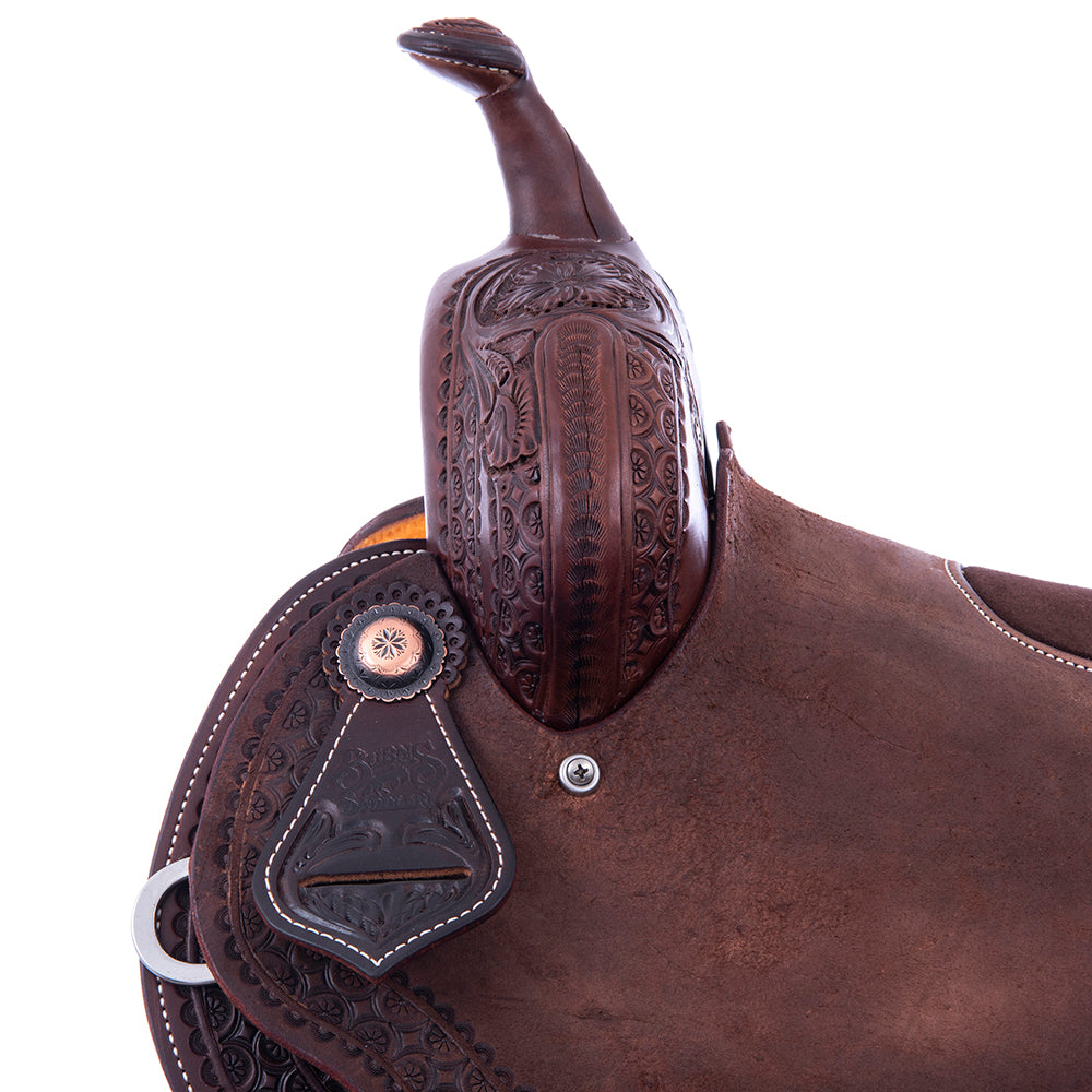Burns Chocolate SO/RO Barrel Saddle - Round - 1/2 WYO Floral Corner; Deeter Border - Chocolate Inlay