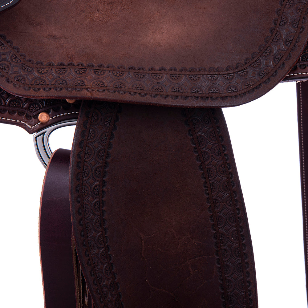 Barrel Saddle - Chocolate Leather, Smooth/Roughout, Round Skirt, 1/2 WYO Floral Corner, Deeter Border, Chocolate Inlay